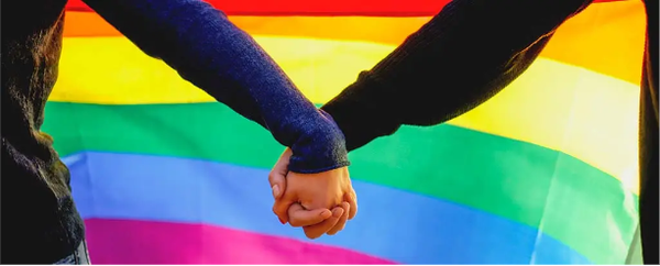 two people holding hands in front of a rainbow flag