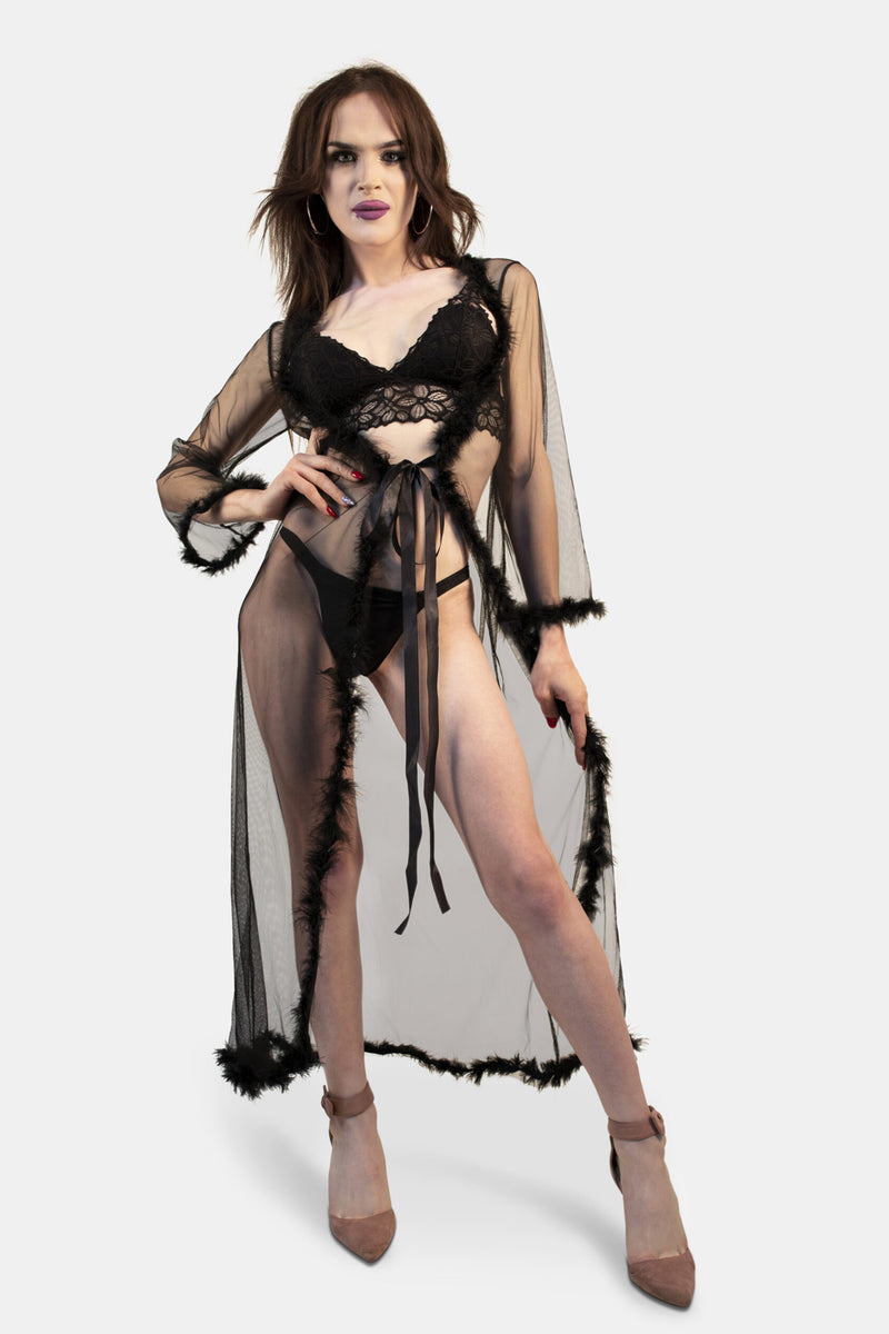 Feather Robe | Trans Lingerie Robe – Black-GAFF AND GO